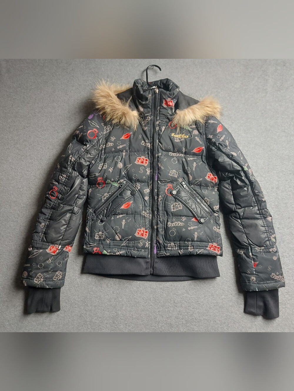 Lotto Leggenda Black Graphic Puffer Jacket Faux Fur Hood Size L